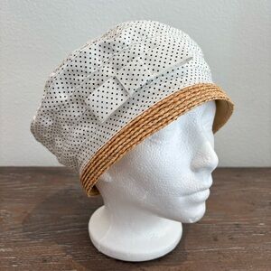 Nordstrom Bow Cloche NWOT Straw White Grosgrain Black Polka Dot Ribbon
